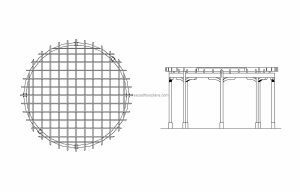 circular pergola autoad drawing, 2d views, plan and elevations for free download