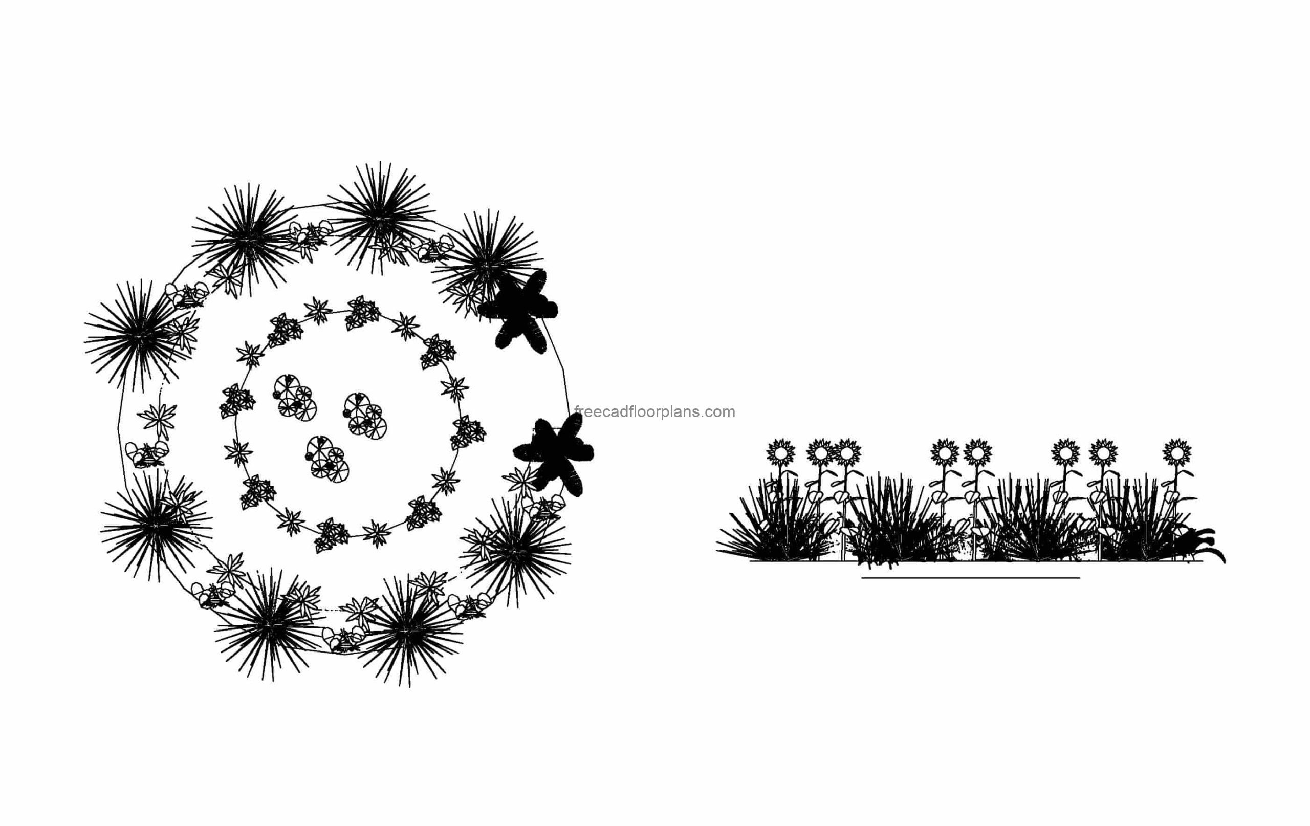 circular pond garden autocad drawing plan and elevations 2d views, dwg file for free download