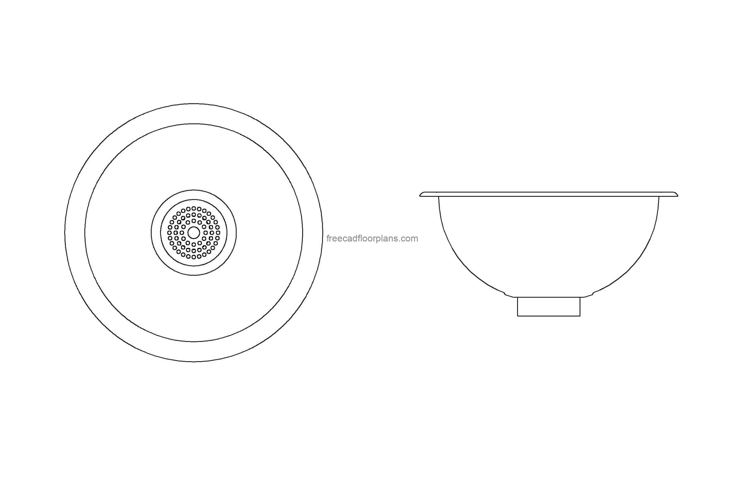 circular sink autocad drawing plan and elevations 2d views, dwg file for free download