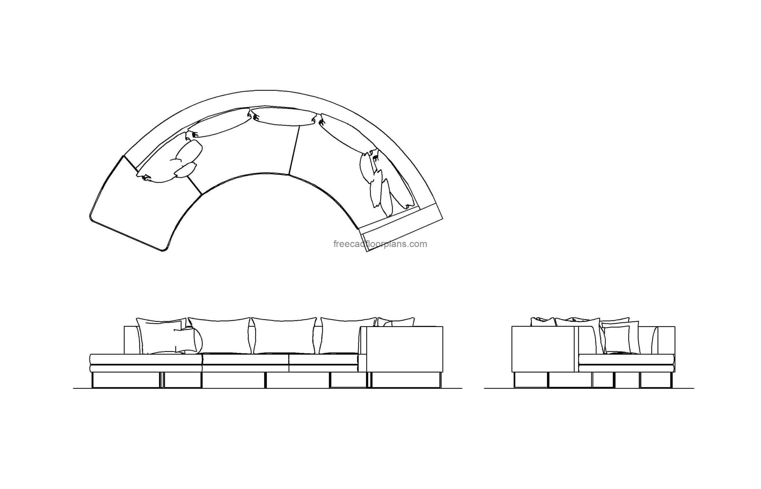 circular sofa plan and elevations 2d views, cad block drawing for free download