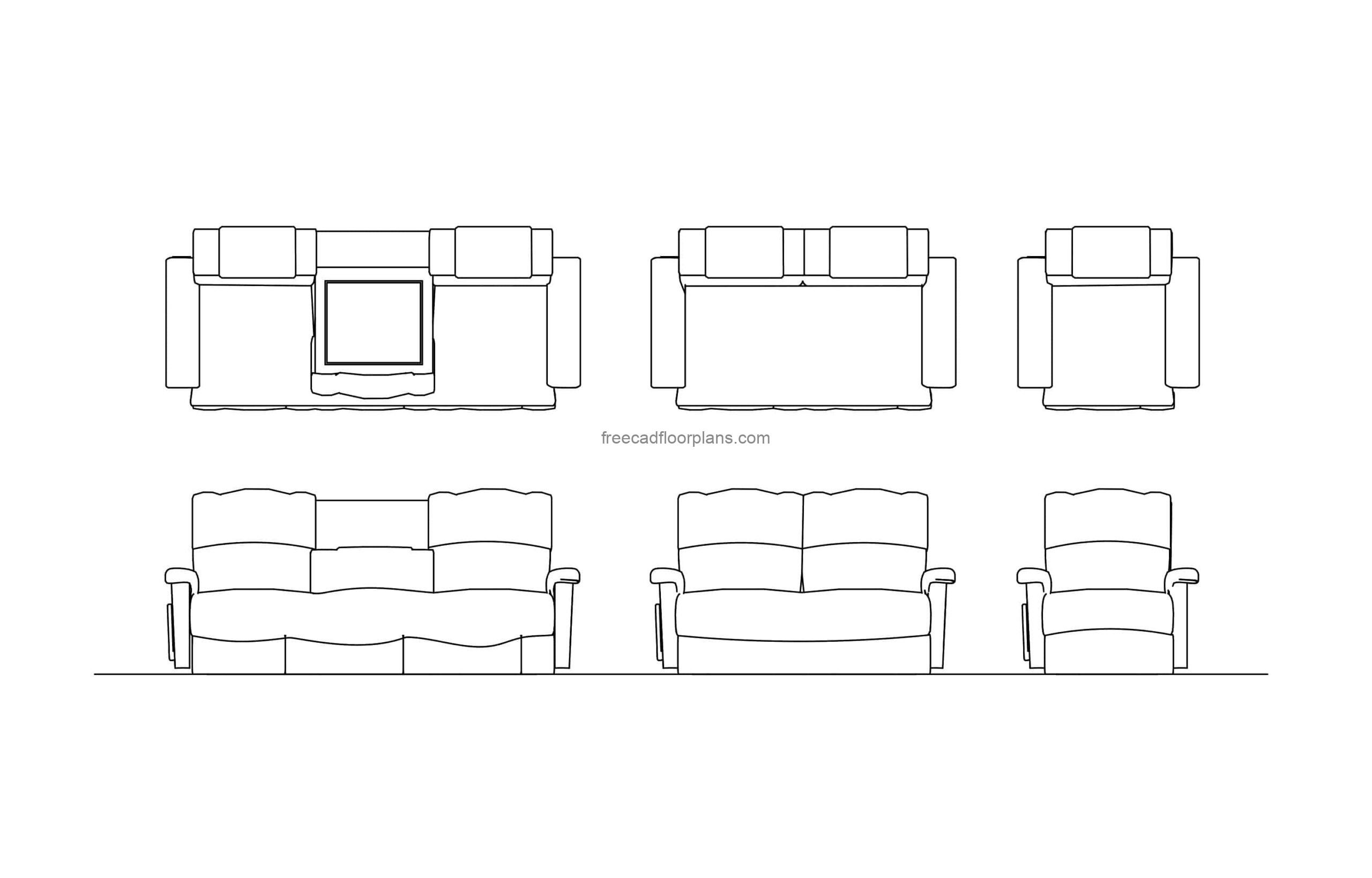 dwg autocad drawing of classic recliners sofas, plan and elevations 2d views file for free download