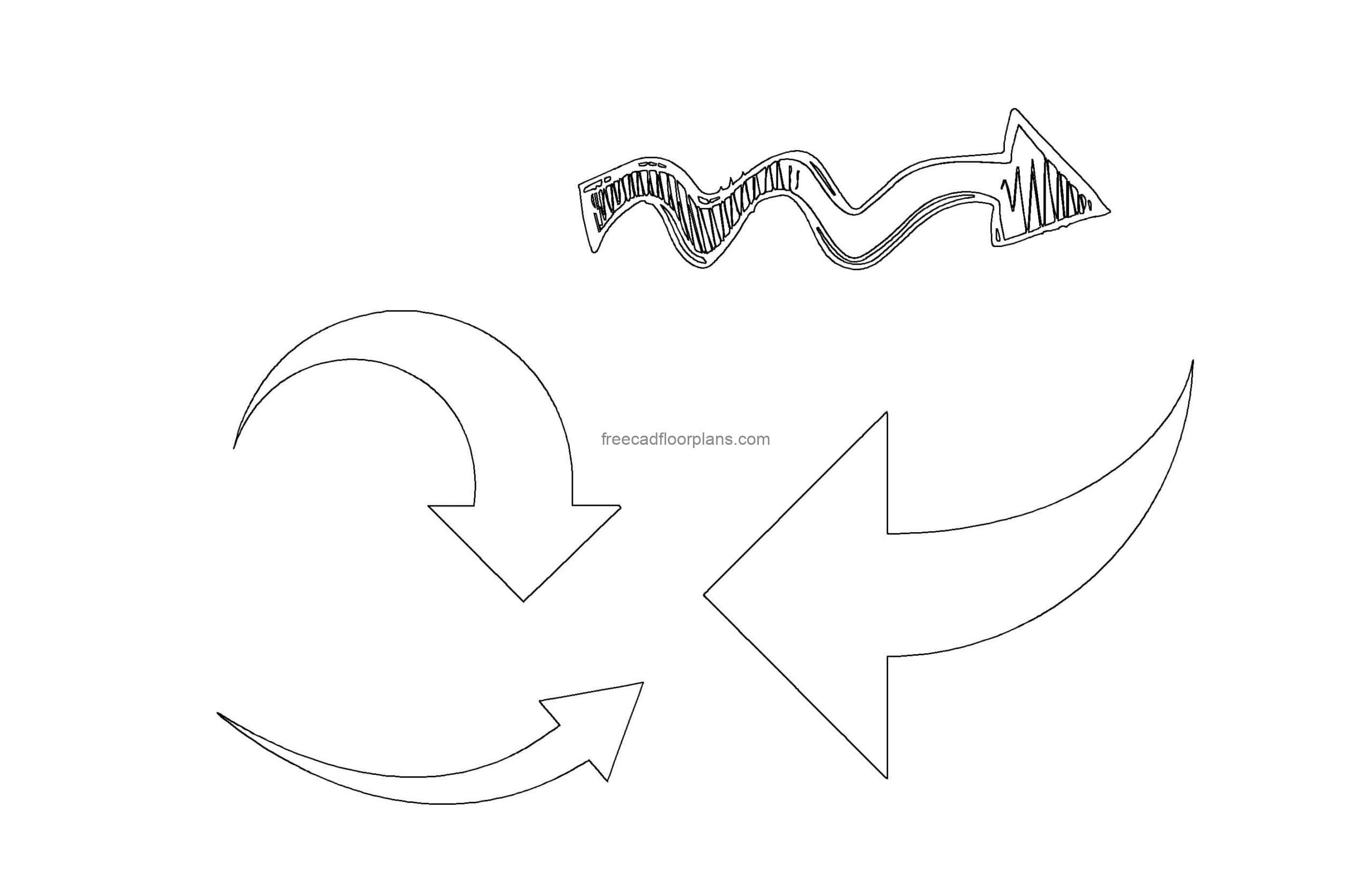 dwg cad block drawing of different curved arrows, 2d views, dwg file for free download