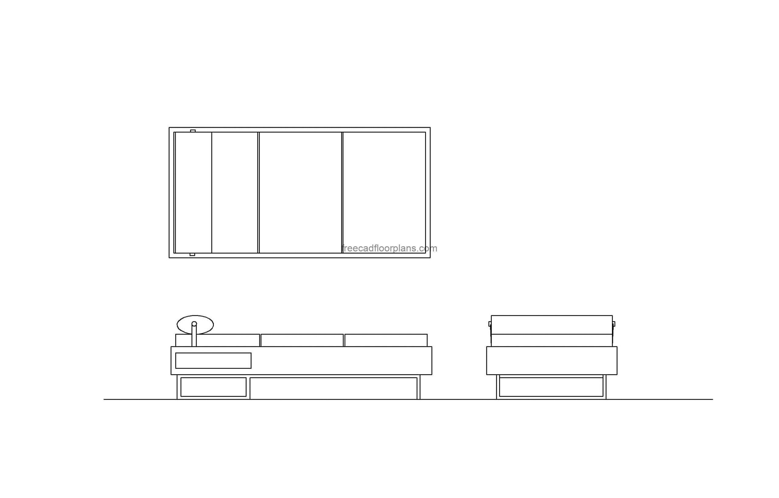 day bed couch autocad drawing, dwg file with 2d plan and elevations views, for free download
