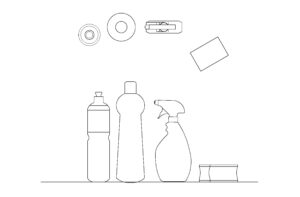 autocad drawing of different detergent products, plan and elevations 2d views, dwg file for free download