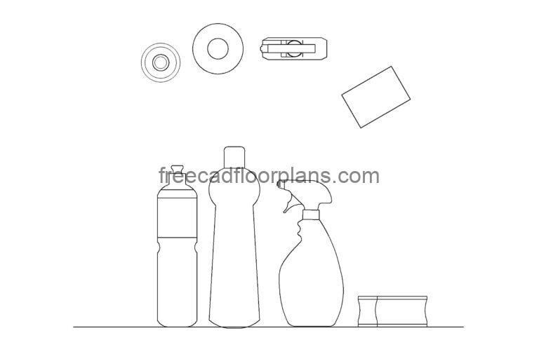 autocad drawing of different detergent products, plan and elevations 2d views, dwg file for free download