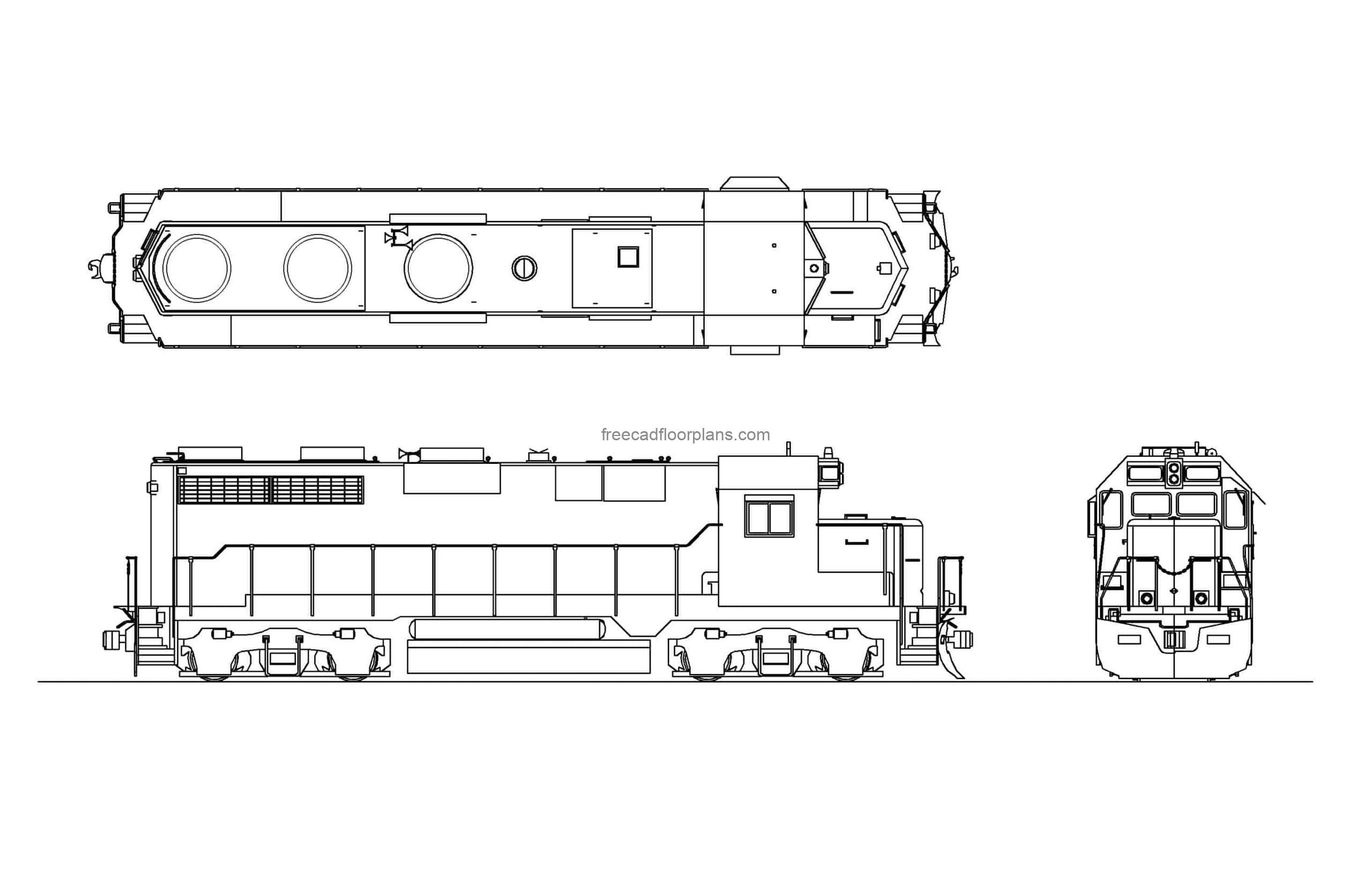 diesel locomotive autocad drawing, plan and elevations 2d views, dwg file for free download