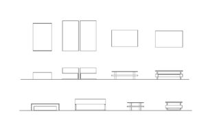 autocad drawing of different living room tables, 2d views plan and elevations, dwg file for free download