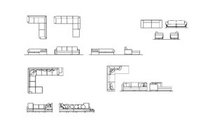 autocad drawing of different low height seating sofas plans and elevations 2d views, dwg file for free download