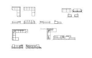 autocad drawing of different low height seating sofas plans and elevations 2d views, dwg file for free download