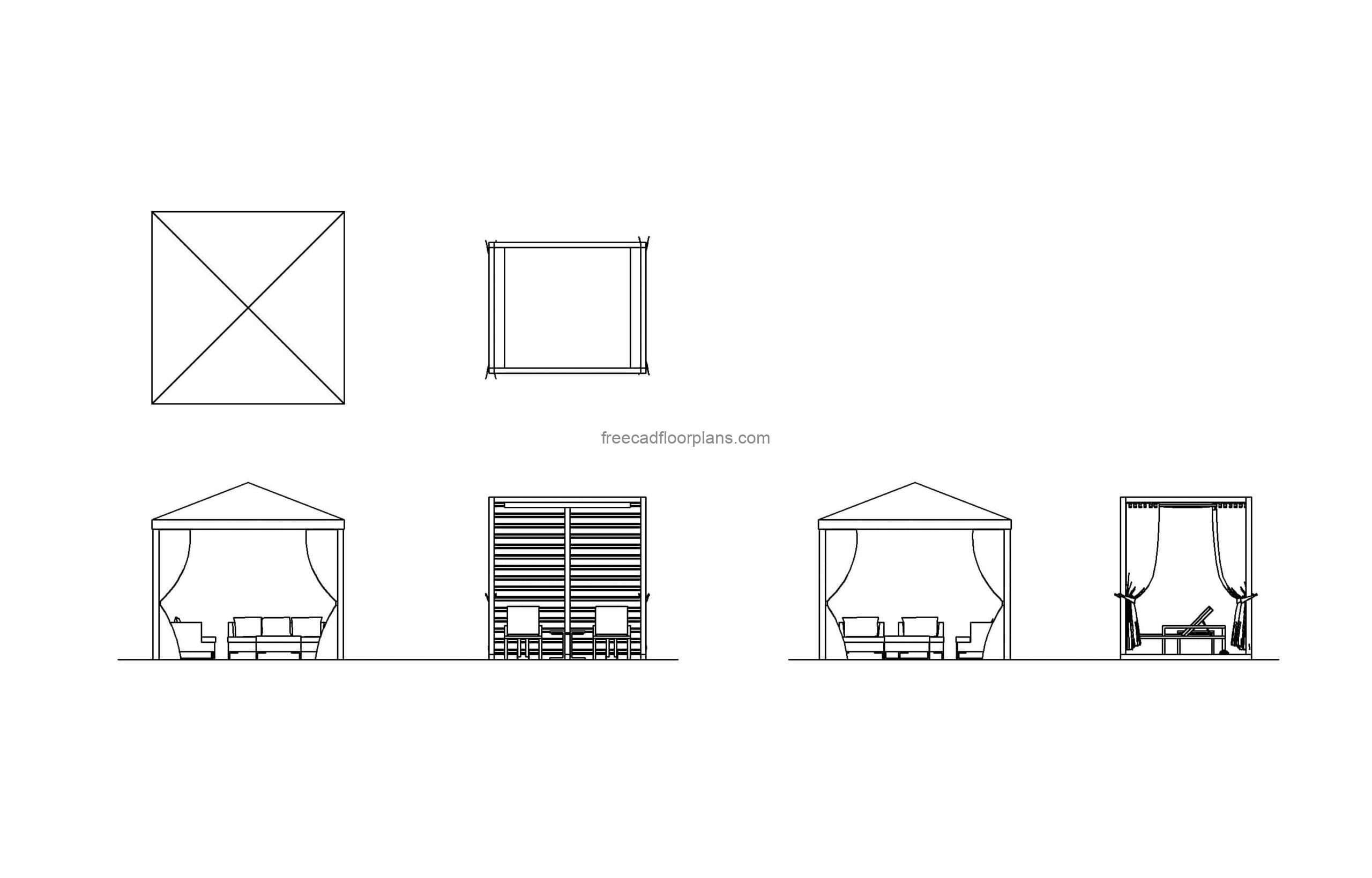 pool cabanas autocad drawings 2d views, plans and elevations, dwg file for free download
