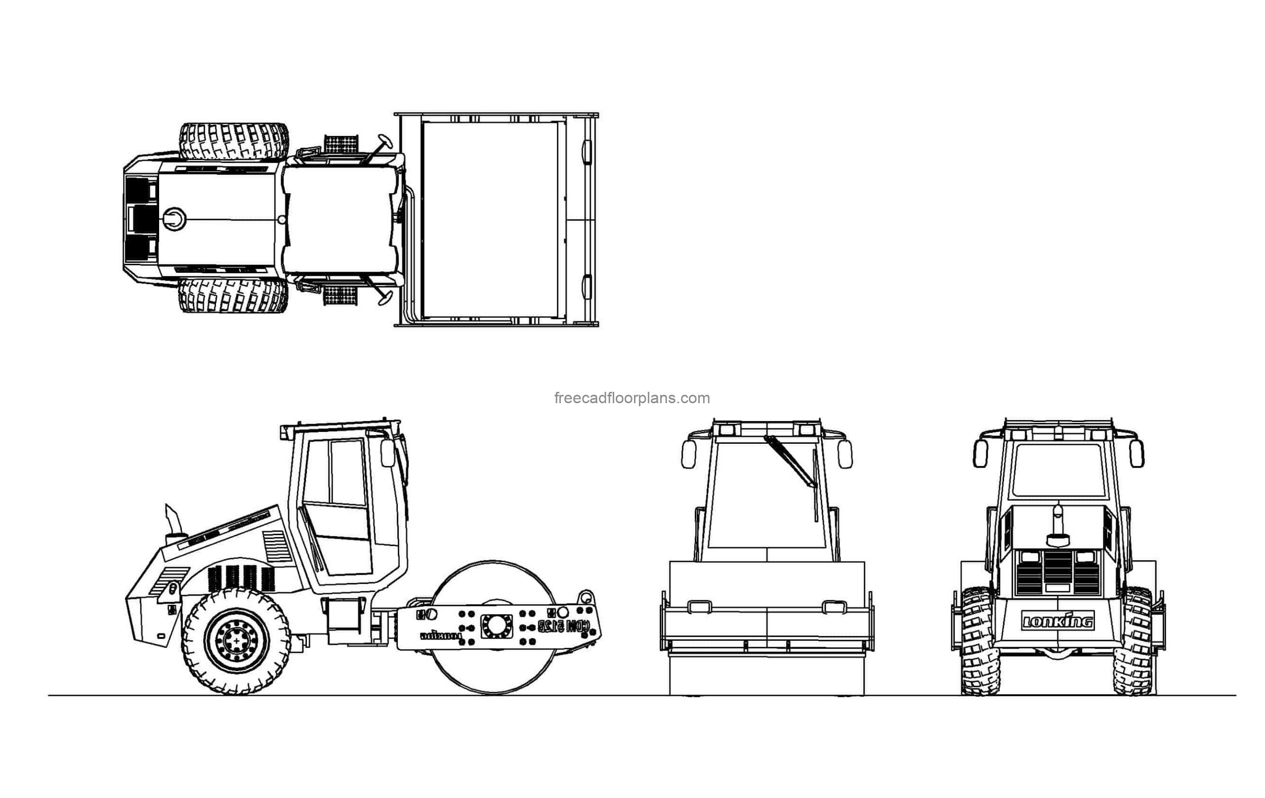 road roller autocad 2d drawings, plan and elevations 2d views, dwg file for free download