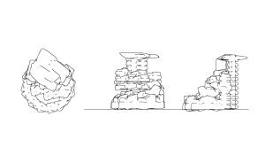 autocad drawing of a rock fountain, plan and elevations 2d views, dwg file for free download
