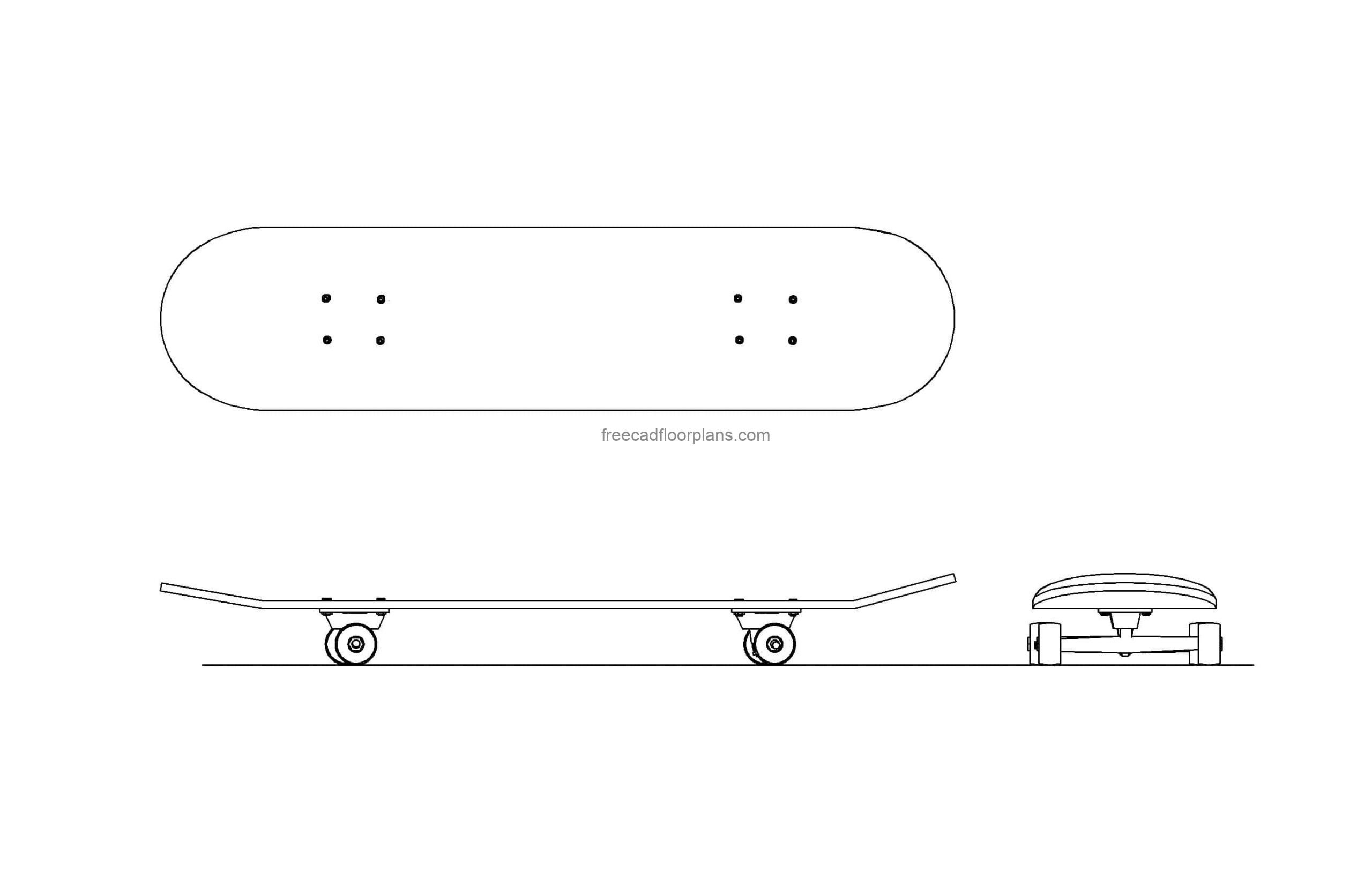 autocad 2d drawing of a skateboard plan and elevations views, dwg file for free download