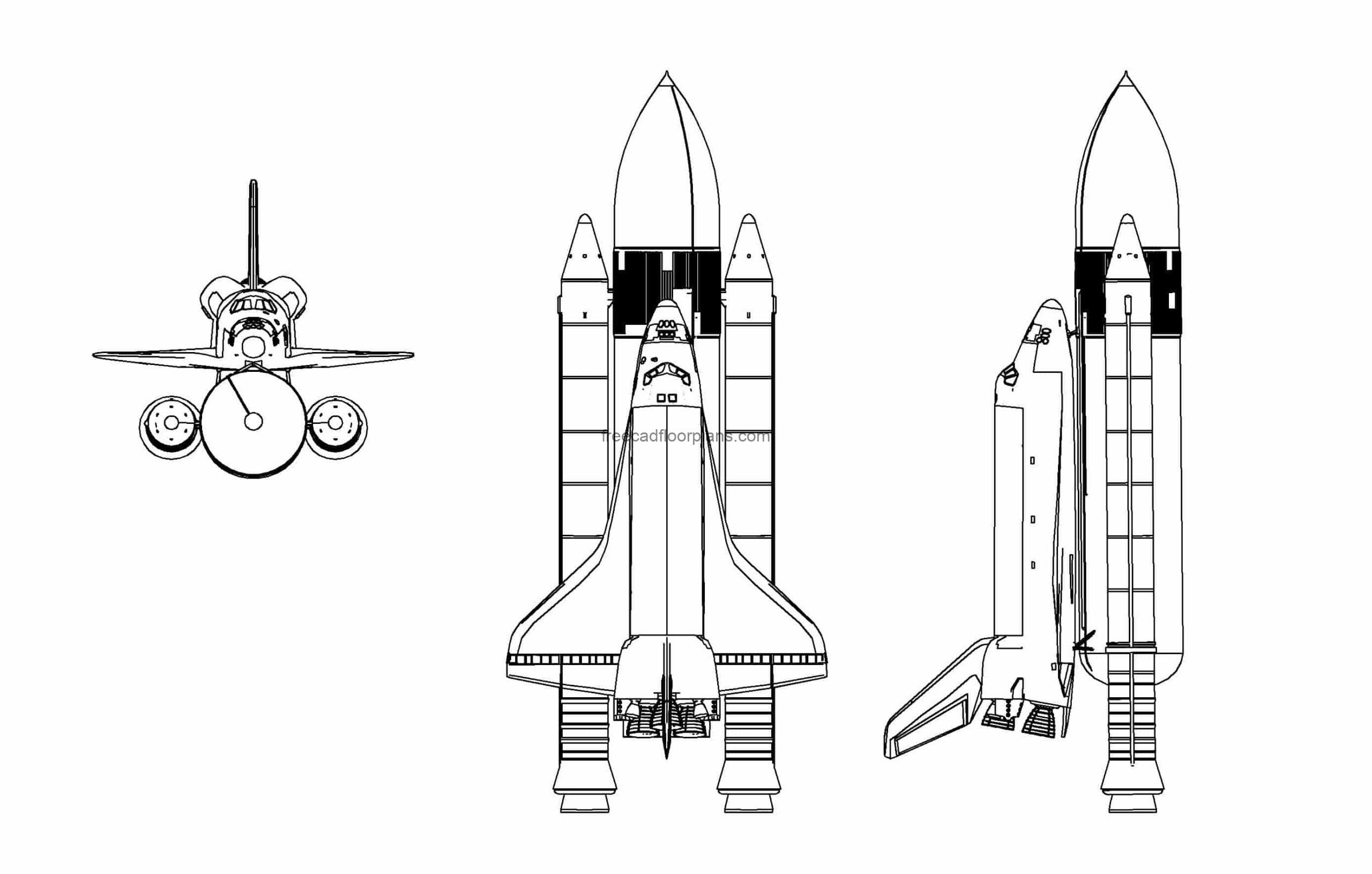 autocad drawing of a space shuttle plan and elevations 2d views, dwg file for free download