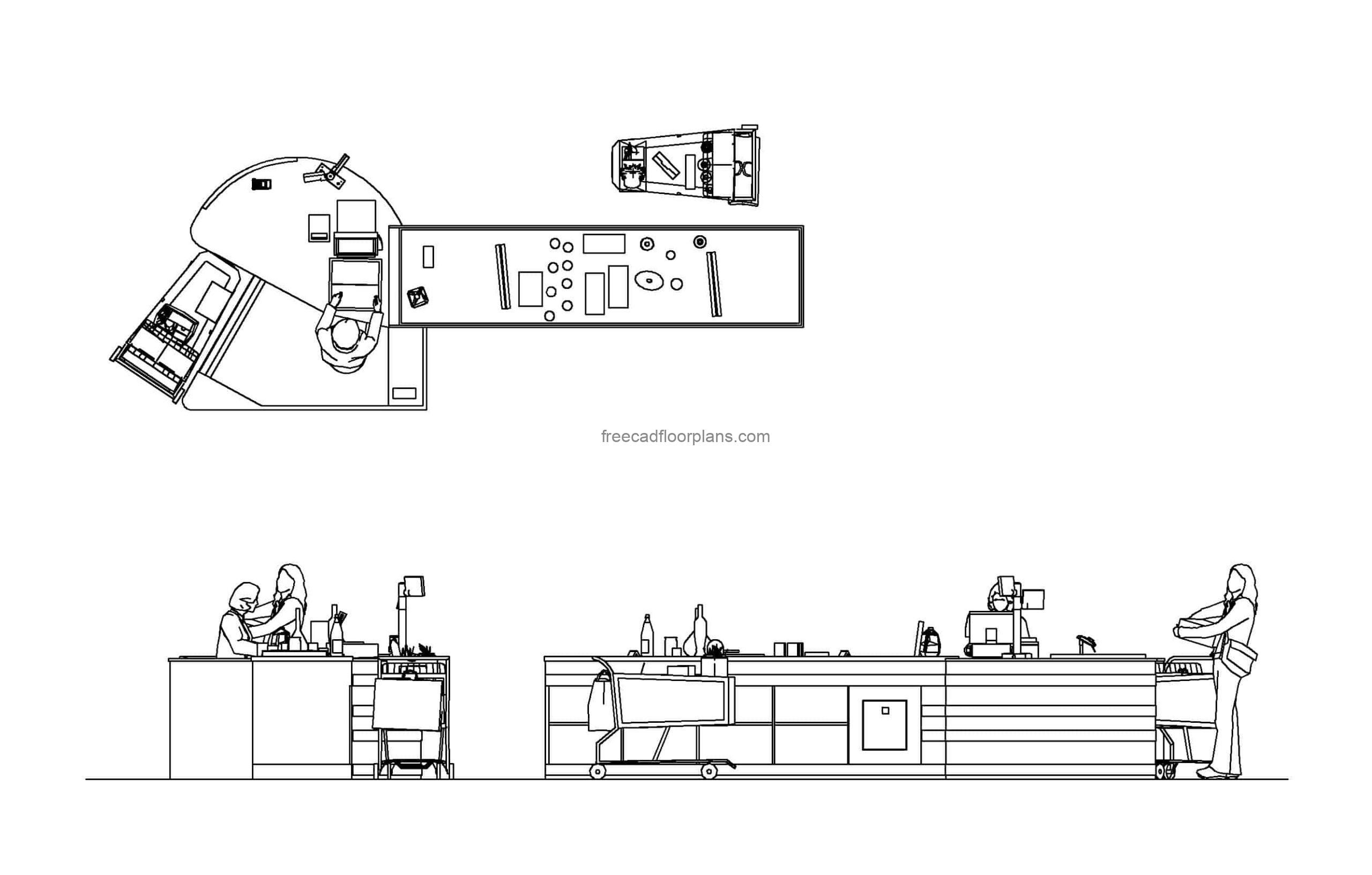 autocad drawing of a supermarket cash counter, plan and elevations 2d views, dwg file for free download
