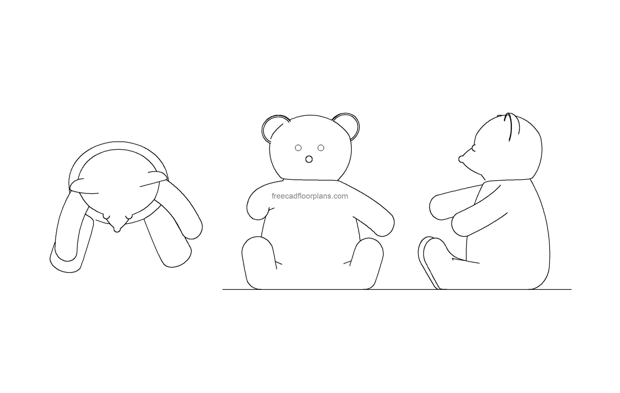 teddy bear autocad drawing plan and elevations 2d views, dwg file for free download