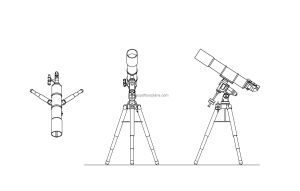 dwg cad block drawing of a telescope, plan and elevations 2d views, dwg file for free download