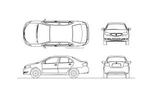 toyota vios autocad drawing cad block plan and elevations views, file for free download