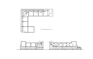 u-shaped sofa autocad block, drawing with plans and elevations 2d views, dwg file for free download