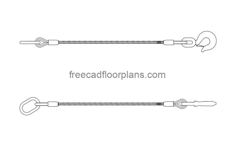 2d autocad drawing of a wire rope, plan and elevations views dwg file for free download