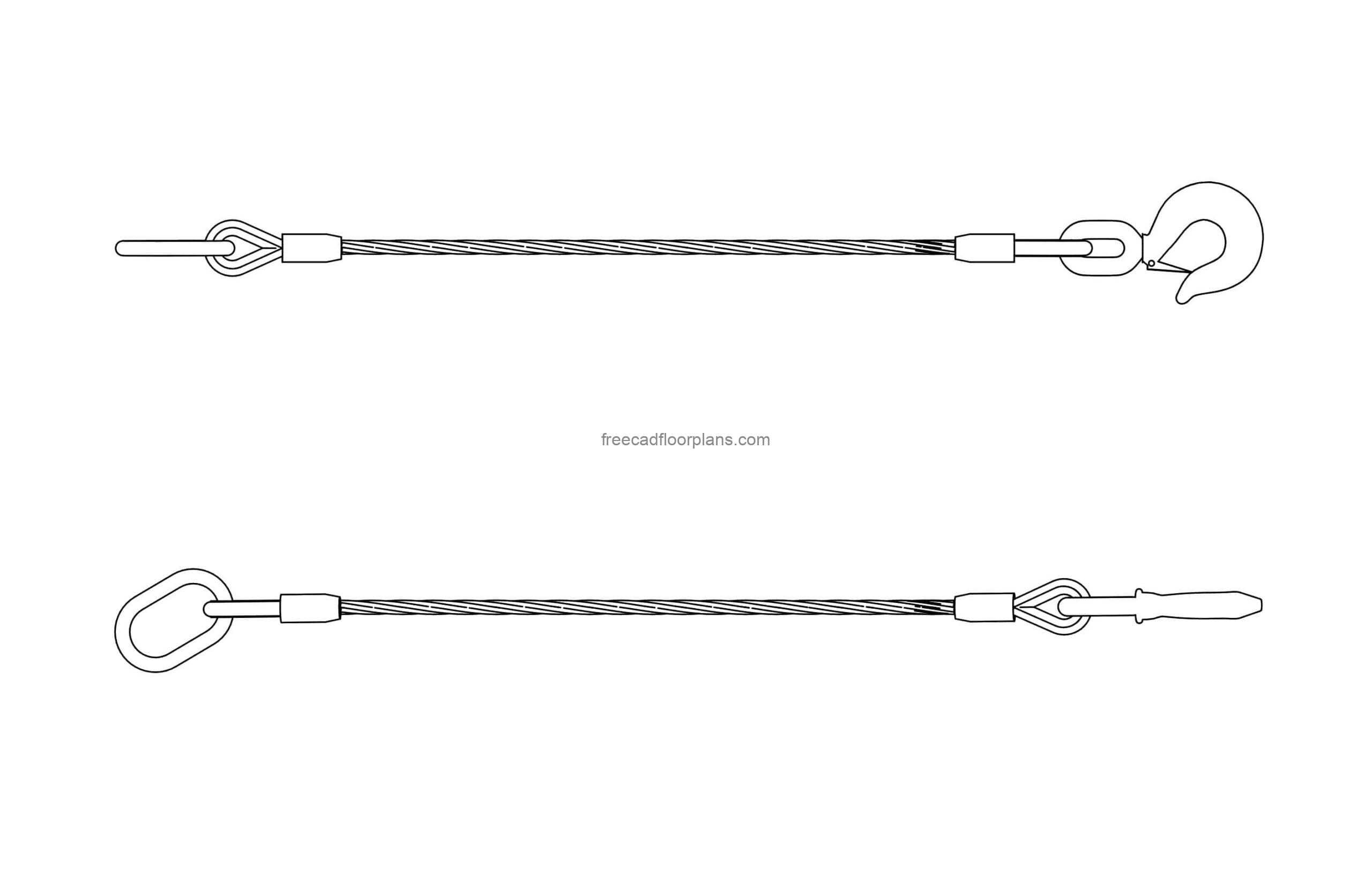 2d autocad drawing of a wire rope, plan and elevations views dwg file for free download