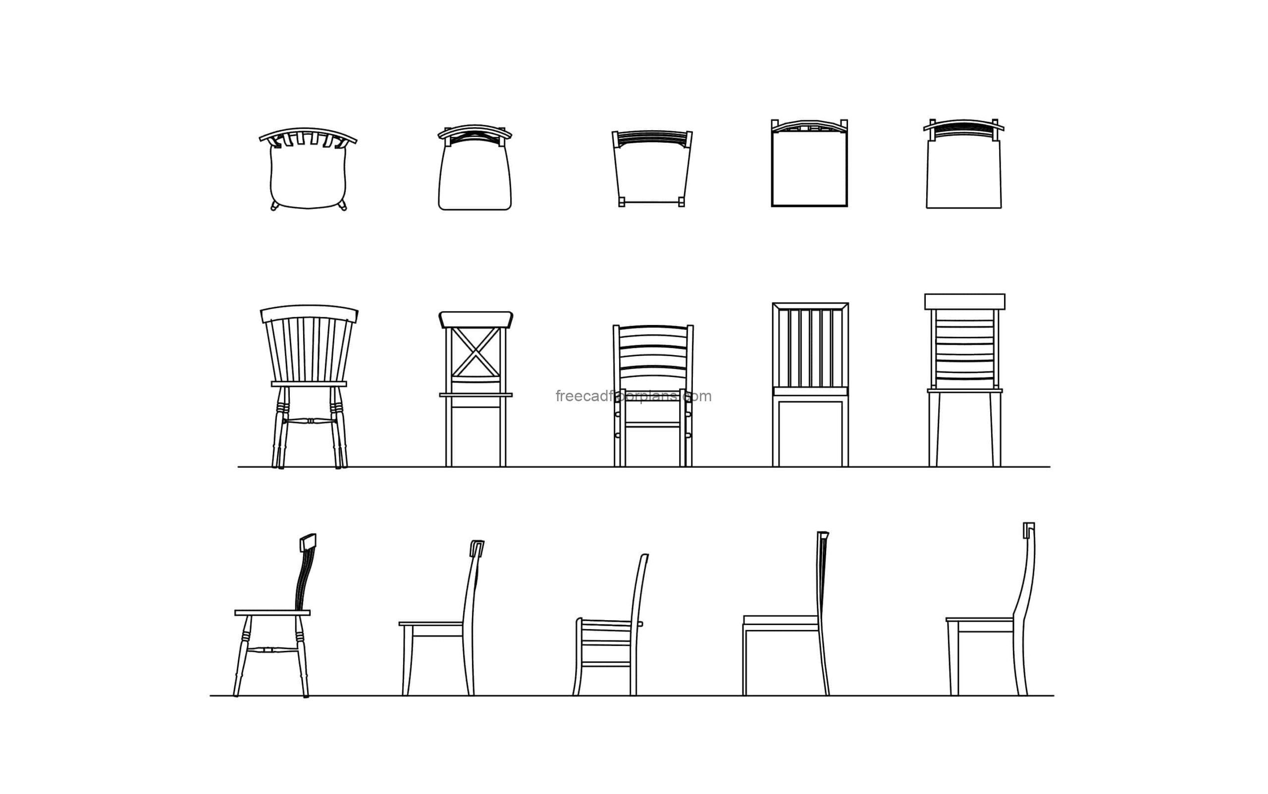 autocad block drawing of different wooden chairs, plan and elevations 2d views for free download