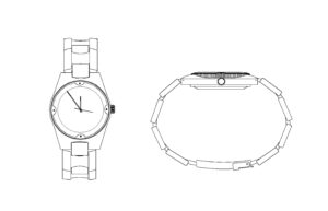 wrist watch autocad drawing, 2d views plan and elevations for free download
