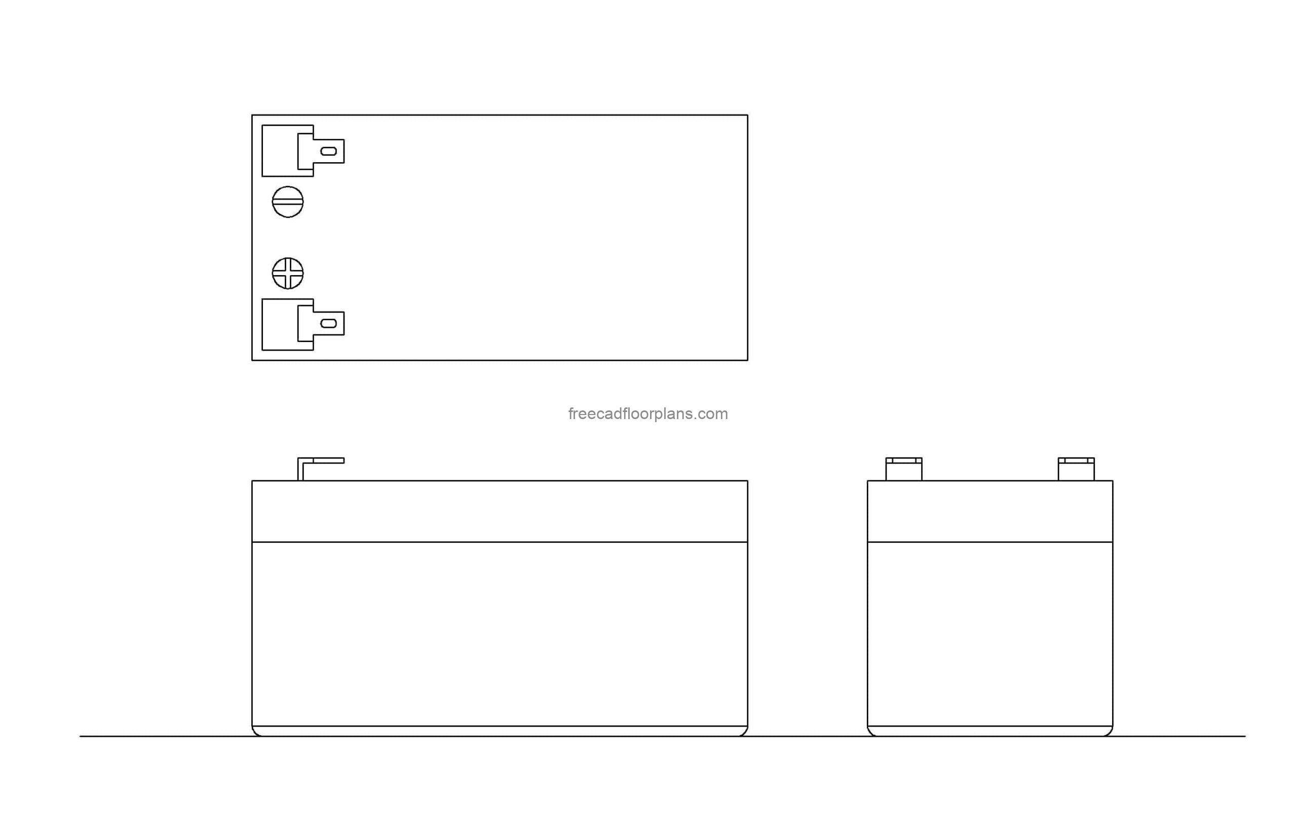 12v battery autocad block drawing, all 2d views, plan and elevation, dwg file for free download