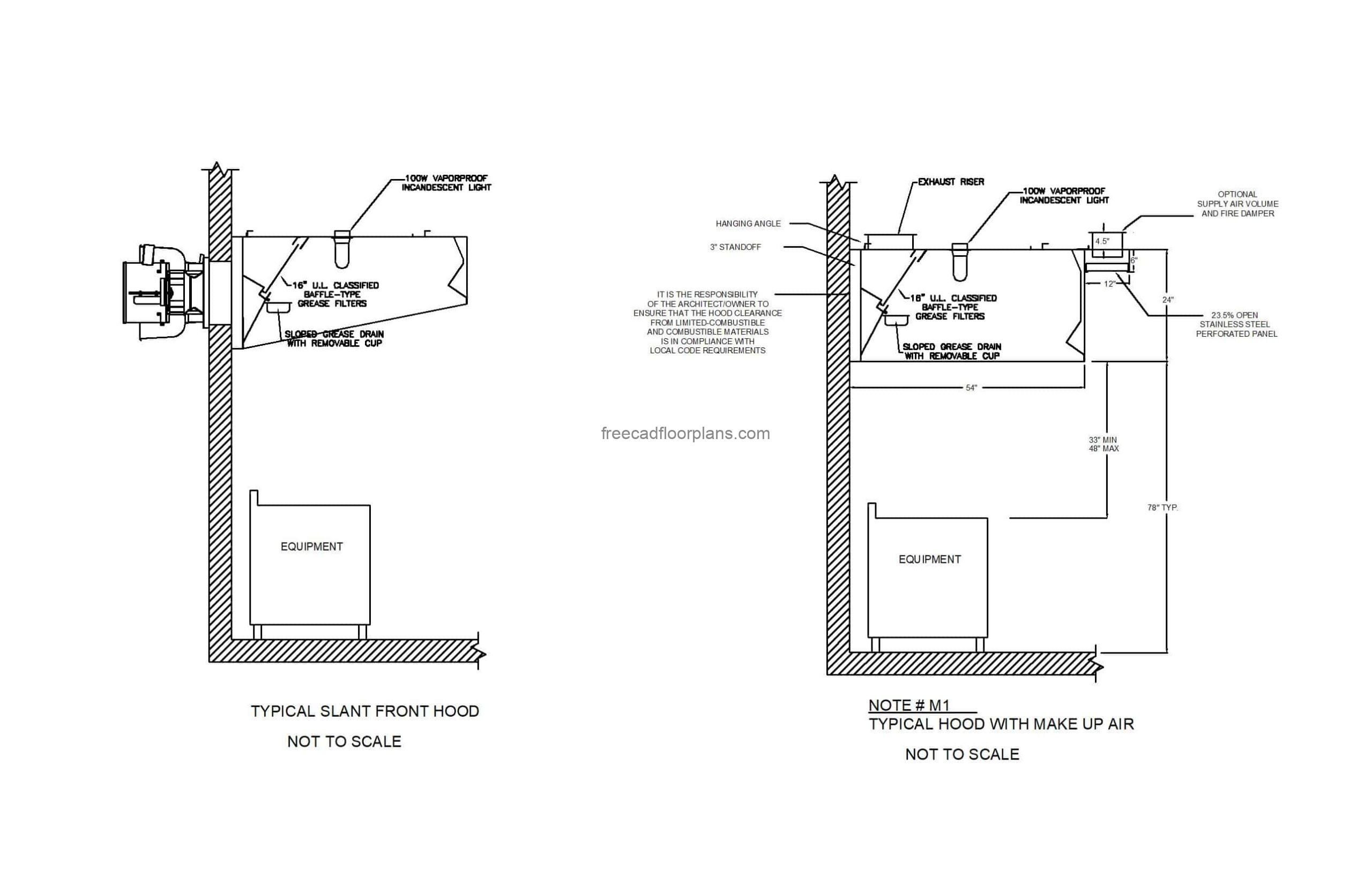 autocad drawing of a commercial kitchen hood section plan 2d views, dwg file for free download