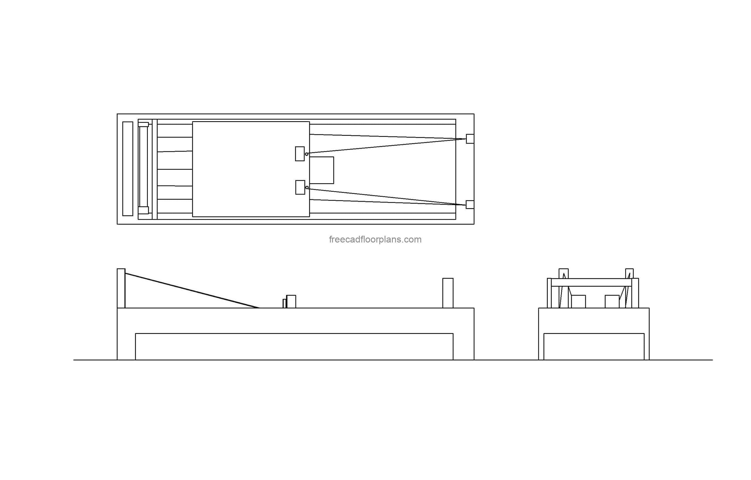 dwg autocad drawing of a pilates reformer, plan and elevation 2d views, dwg file for free download