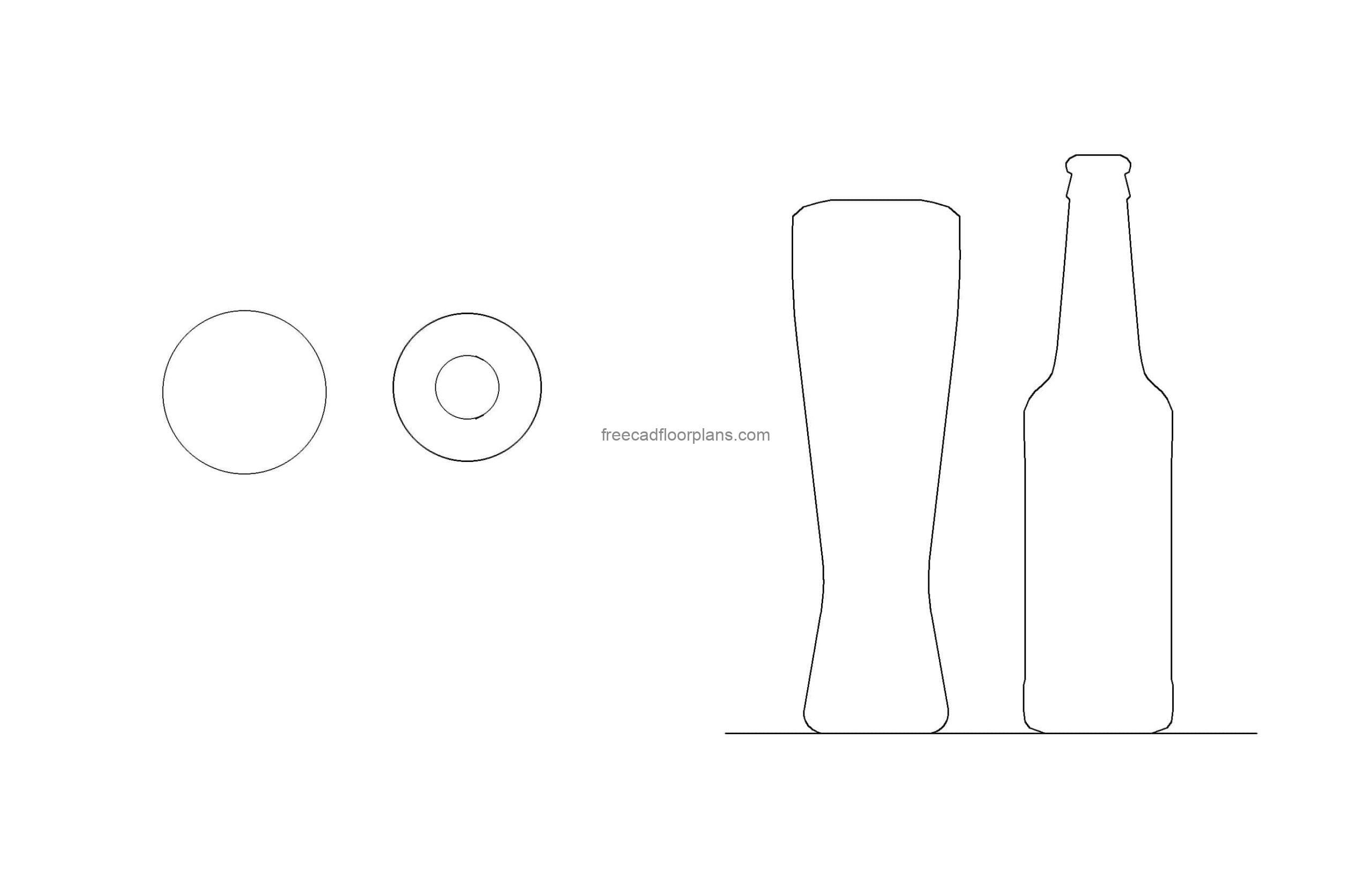 beer bottle autocad block drawing plan and elevation 2d views, dwg file for free download