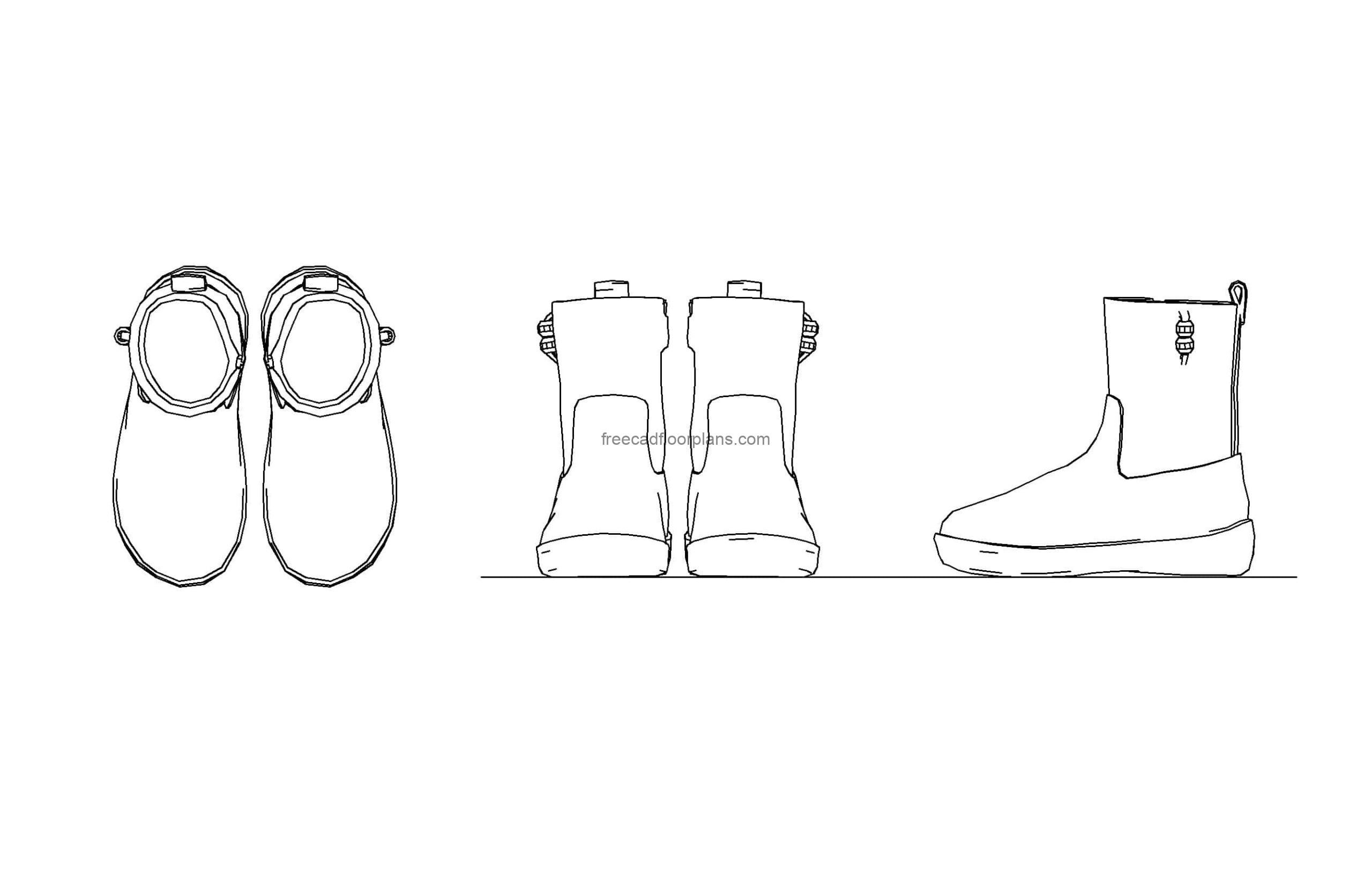 boot shoes autocad drawing plan and elevation 2d views dwg file free for download