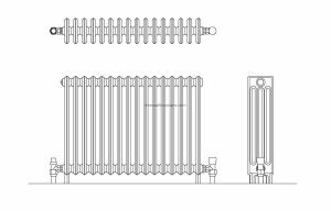 dwg cad block drawing of a cast iron radiator, plan and elevation 2d views, dwg file for free download