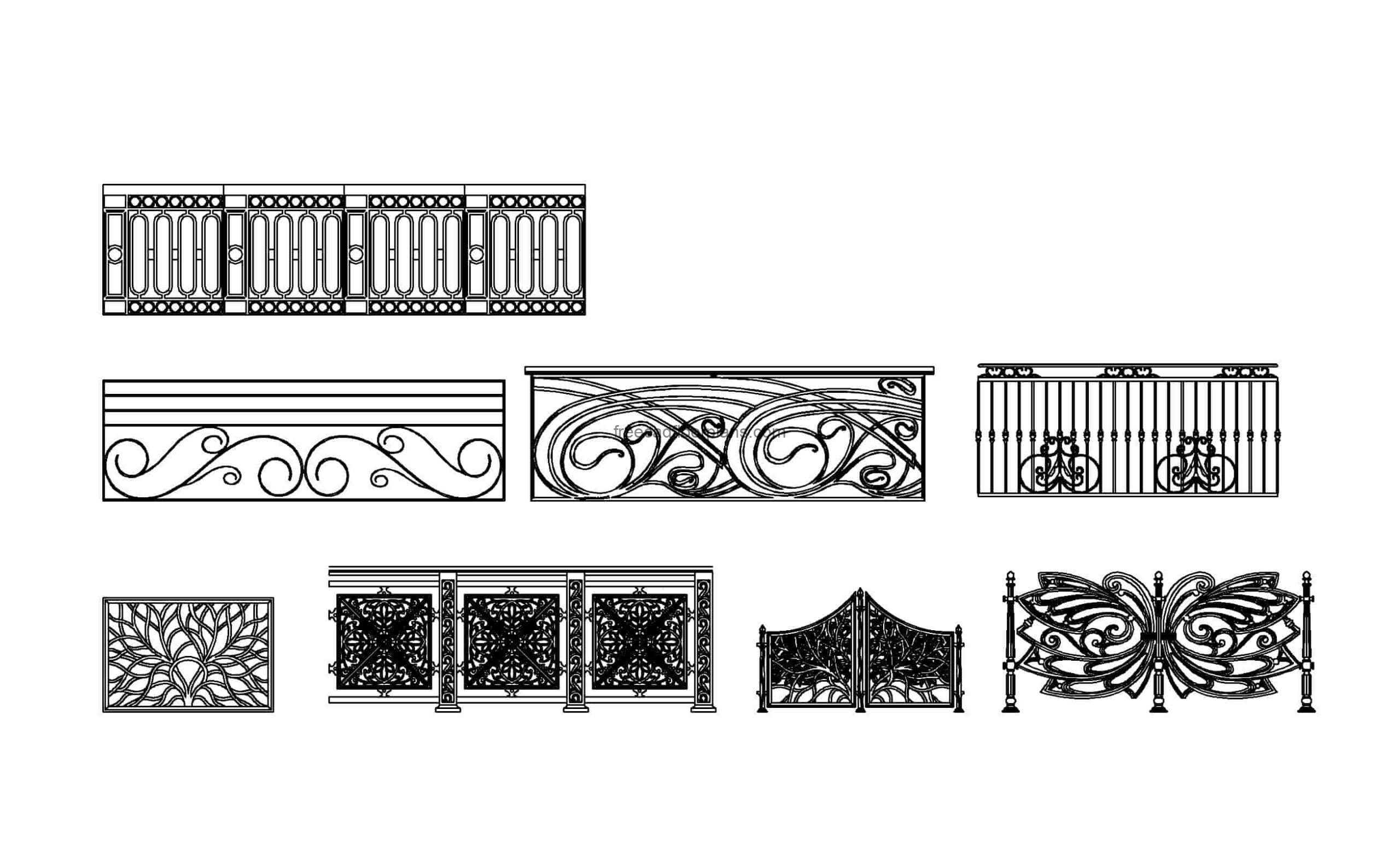 autocad drawing of different cast iro railing, 2d front view, dwg file for free download