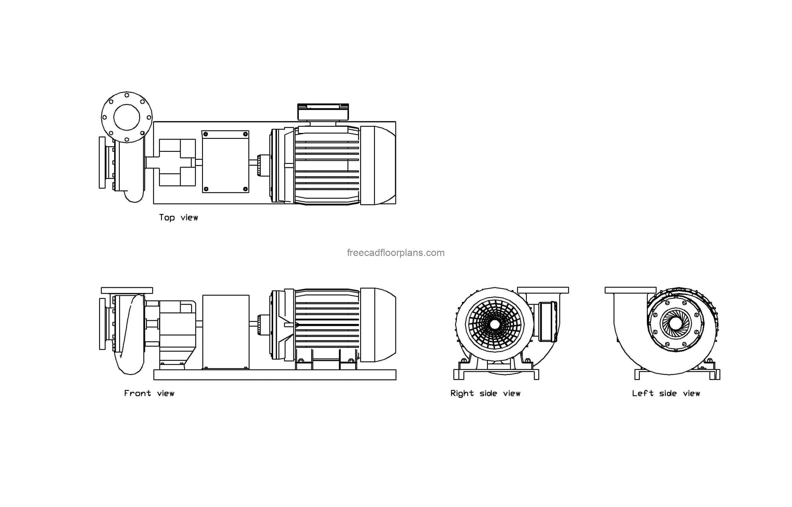 chilled water pump autocad drawing, plan and elevation 2d views, dwg file for free download