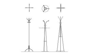 autocad drawing of a coatrack stand, plan and elevations 2d views, dwg file for free download