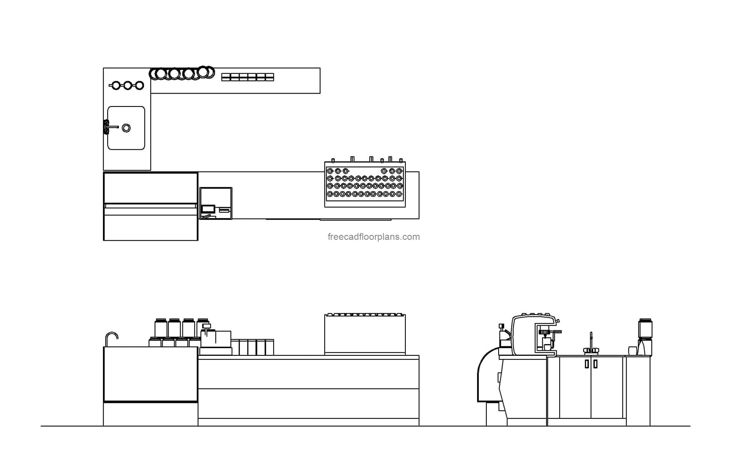 autocad drawing of a coffee shop counter all 2d views, plan and elevation, dwg file for free download