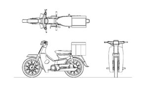 autocad drawing of a delivery bike, plan and elevation 2d views, dwg file free for download