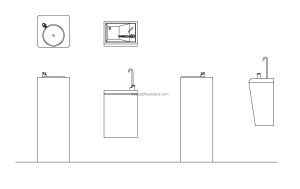 autocad drawing of different drinking fountains plan and elevation 2d views dwg file for free download