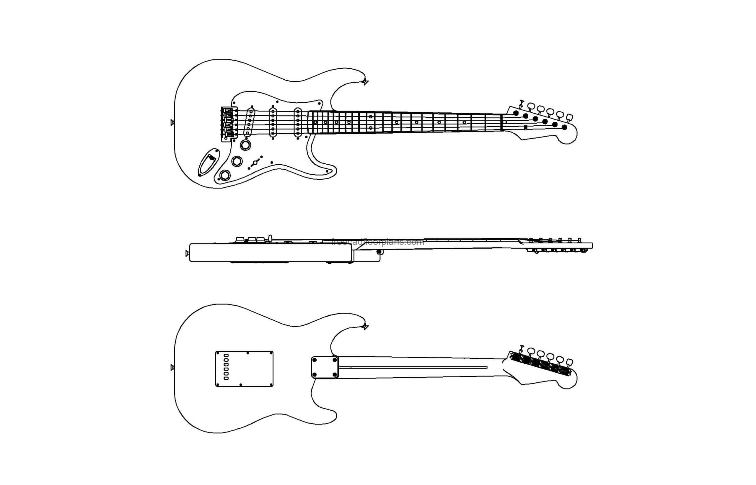 fender stratocaster autocad drawing, 2d views plan and elevation, dwg file free for download