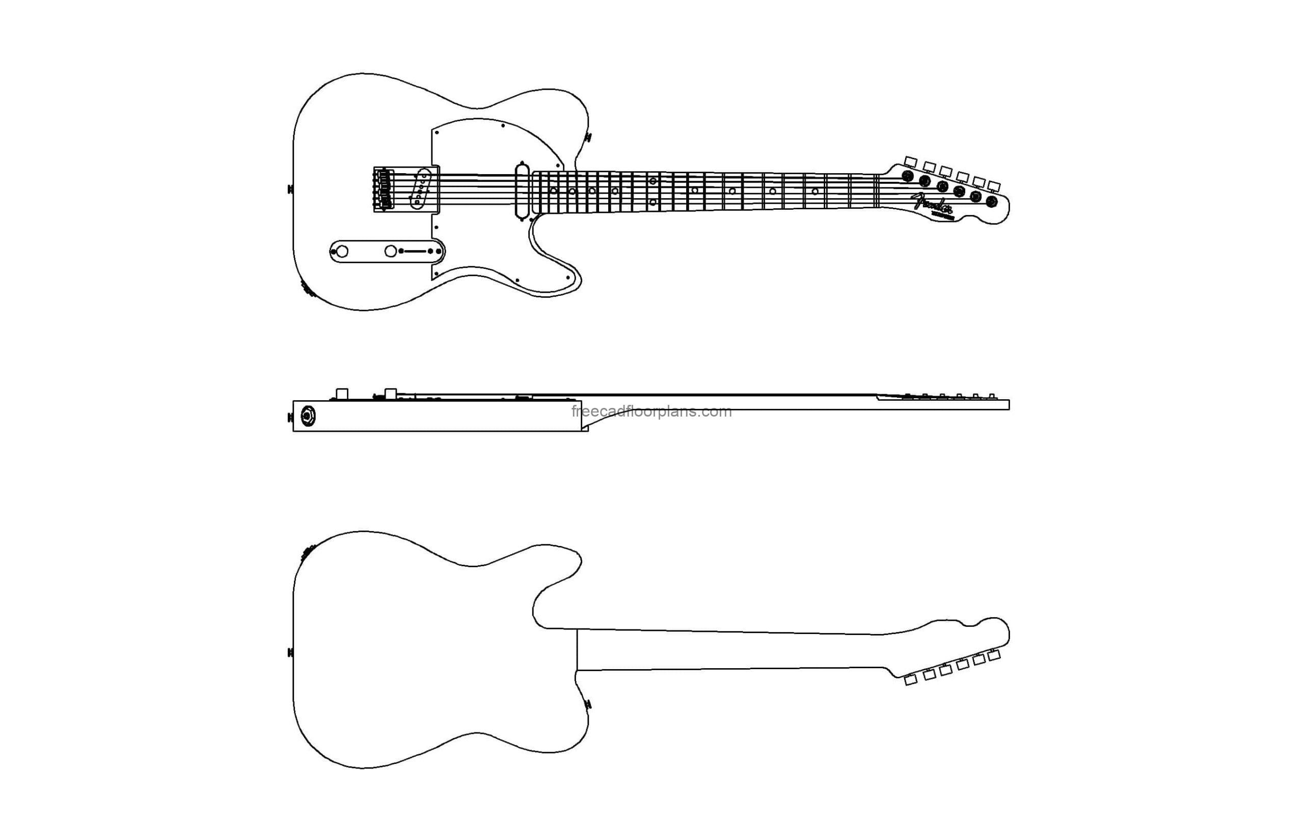 2d autocad drawing of a fender telecaster guitar, all views, dwg file blueprints for free download