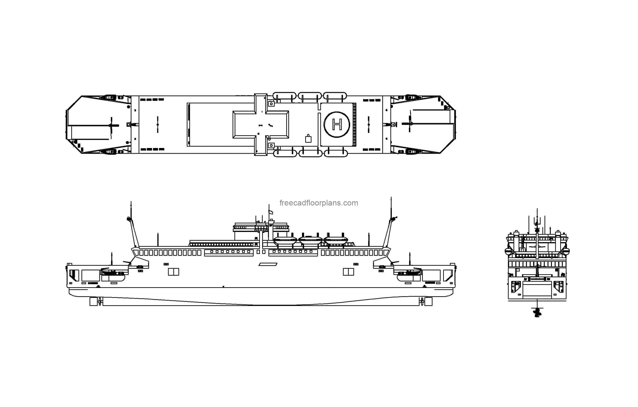 ferry boat autocad drawing plan and elevation 2d views, dwg file for free download