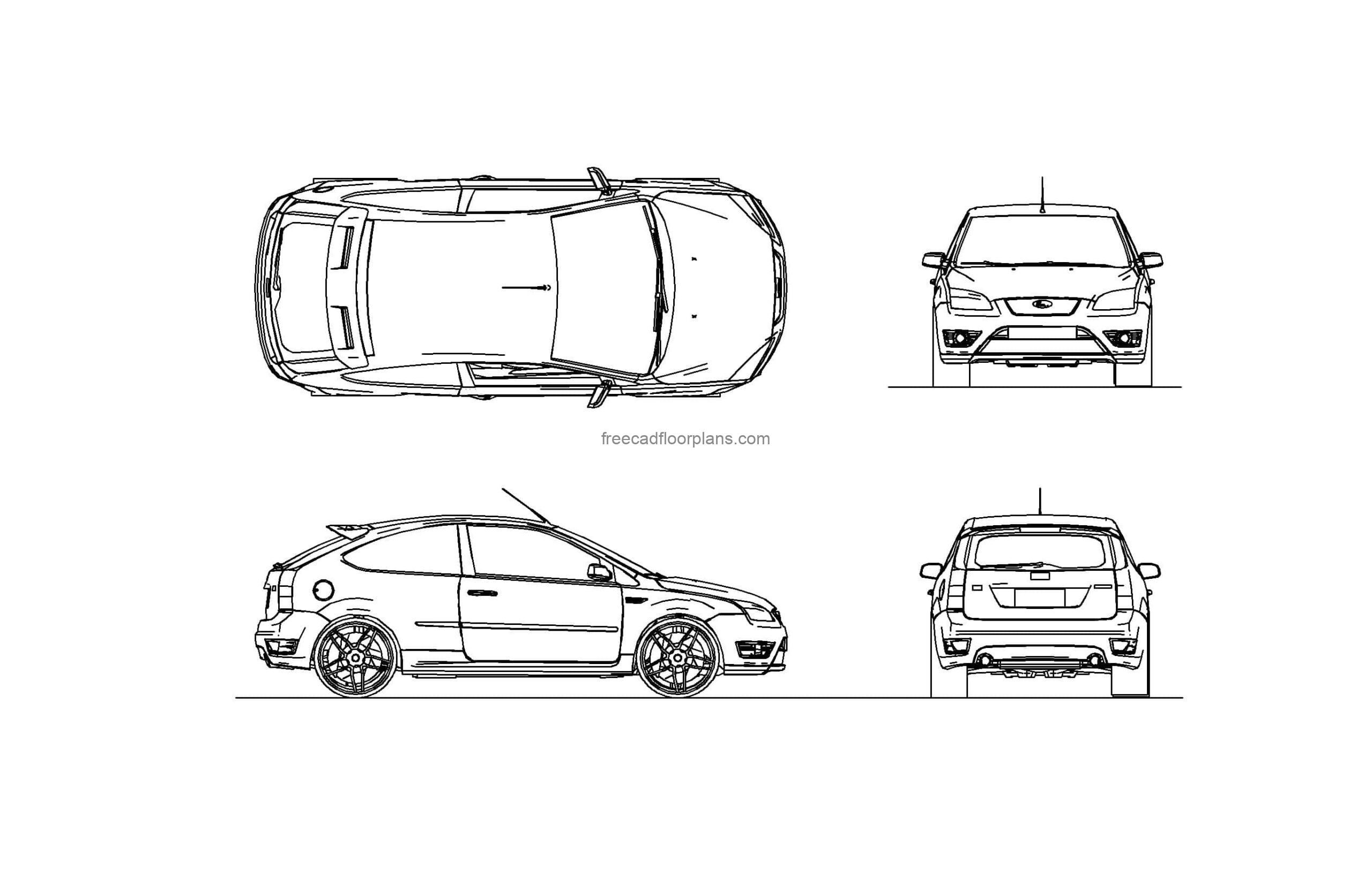 autocad drawing of a ford focus vehicle, plan and elevation 2d views, dwg file for free download