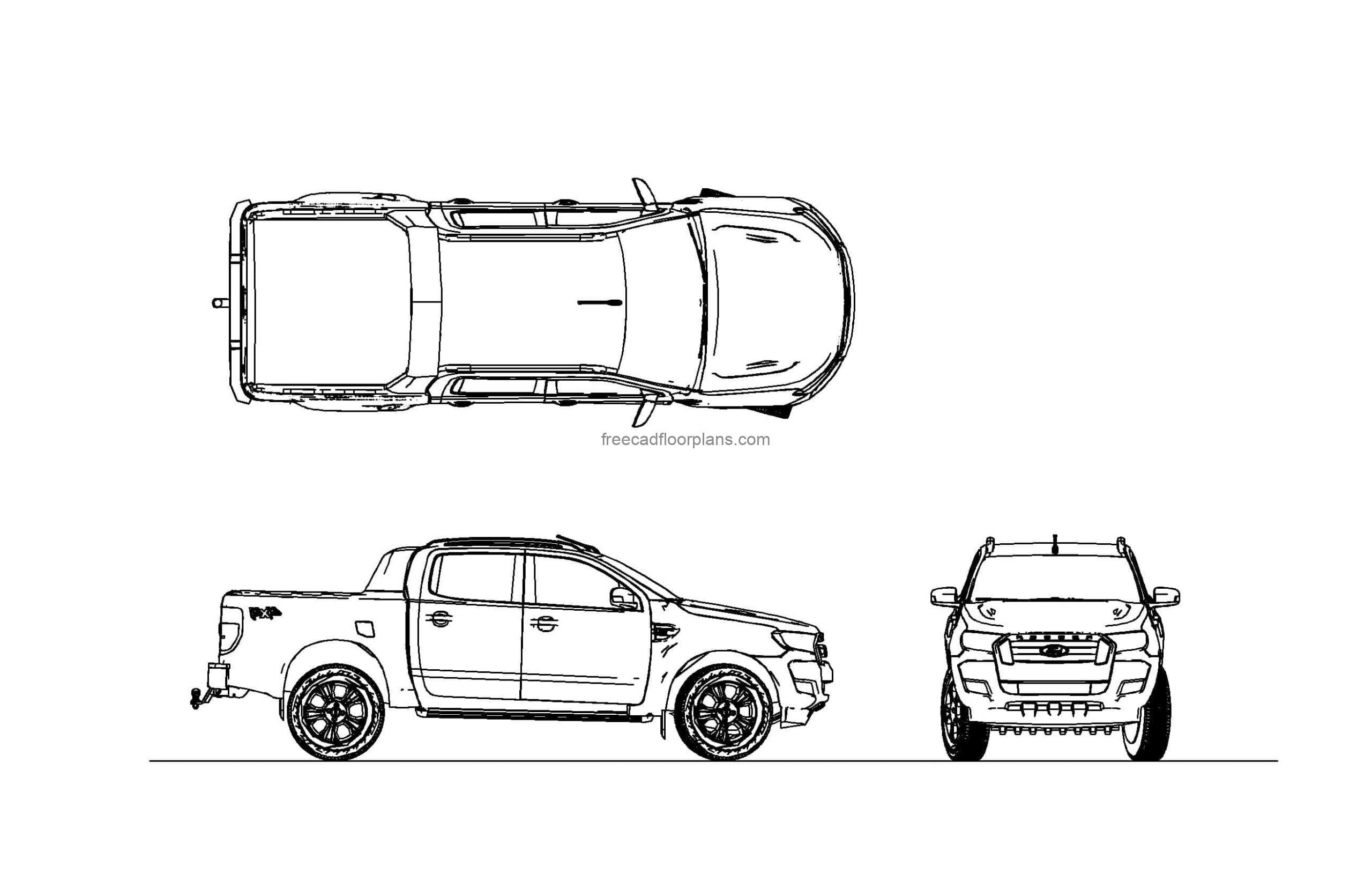 autocad drawing of a ford ranger pick up truck with all 2d views, plan and elevation, dwg file download for free