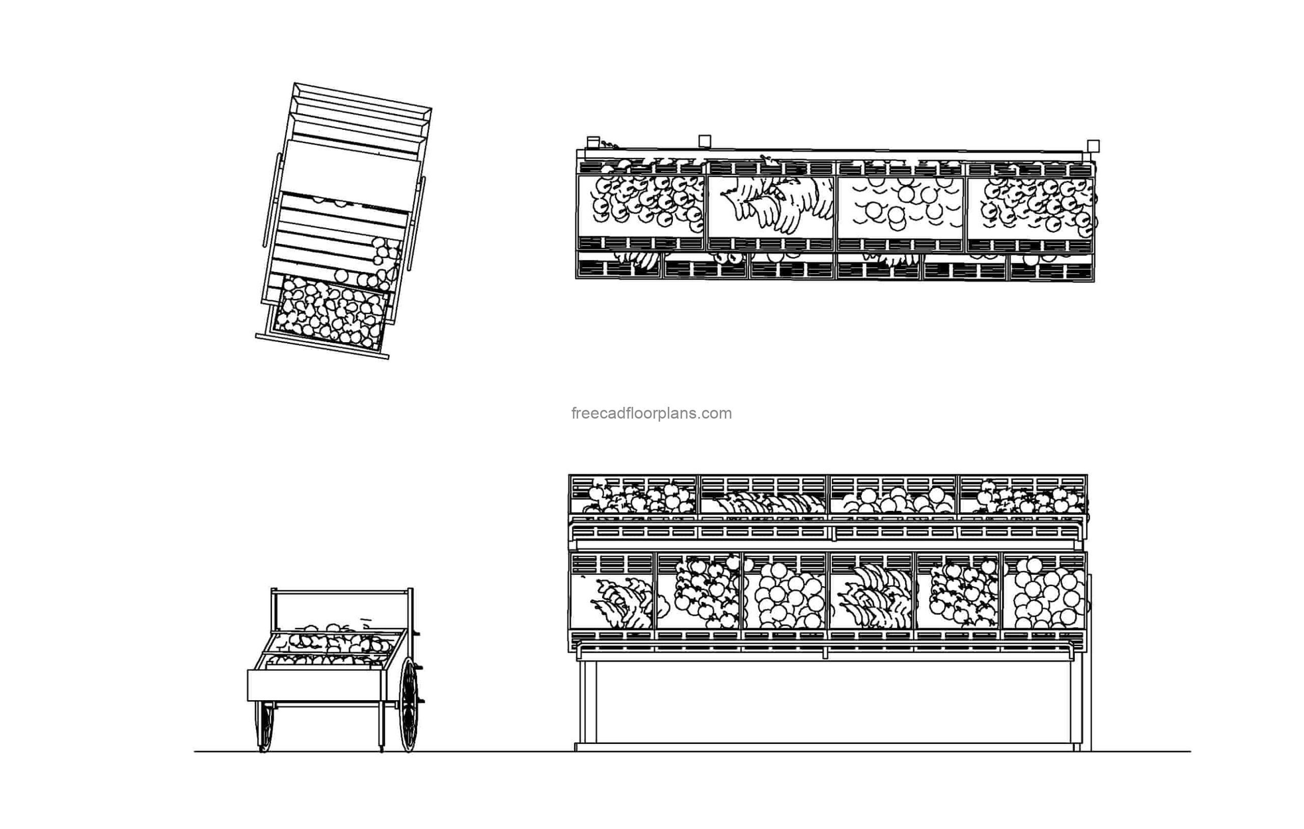 autocad drawing of different groceries, plan and elevation views, dwg file free for download