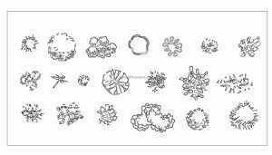 autocad drawing of 20 ground cover plants and shrubs, plan 2d view, dwg file for free download