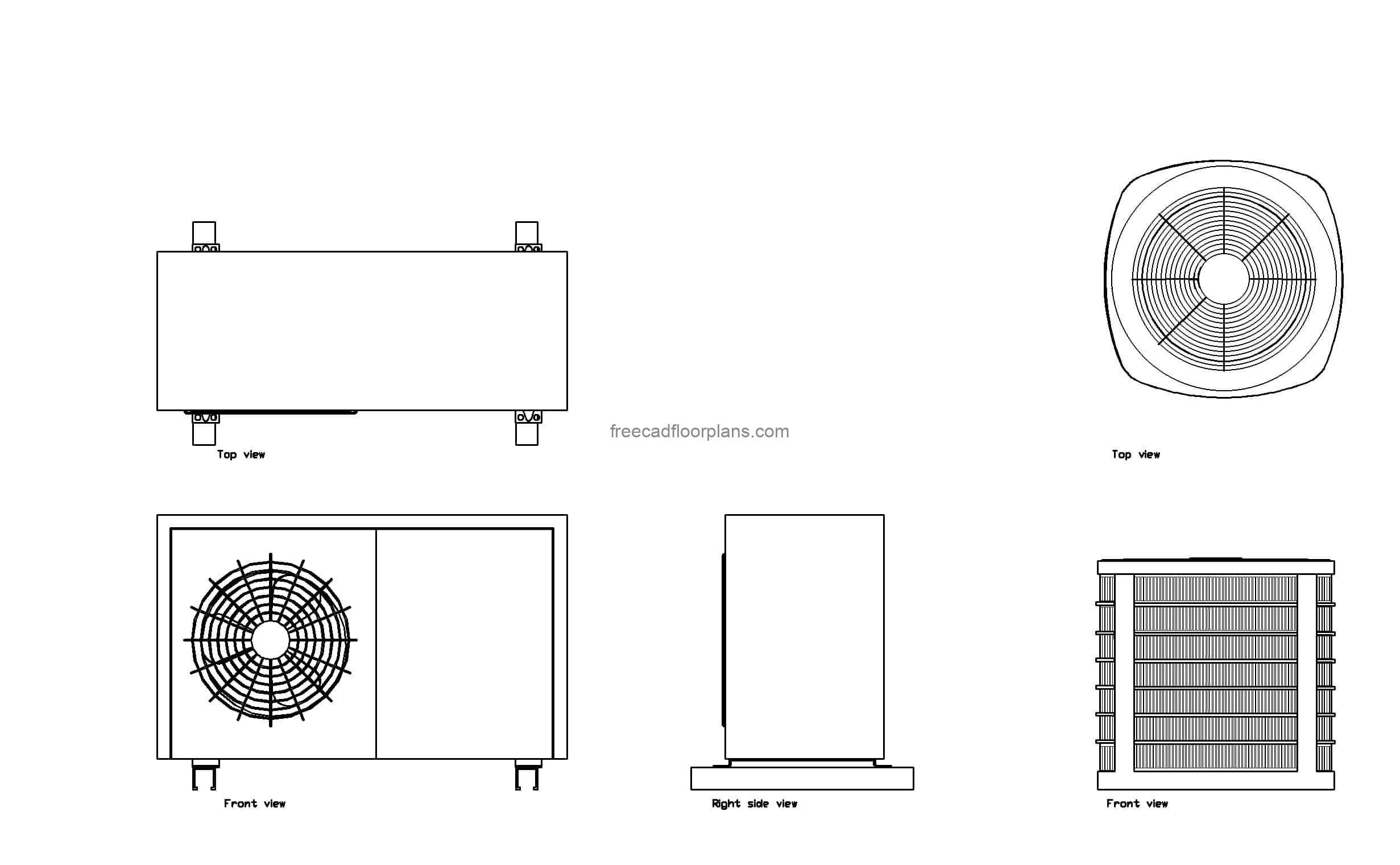 autocad drawing of different heat pumps, plan and elevation 2d views, dwg file free for download