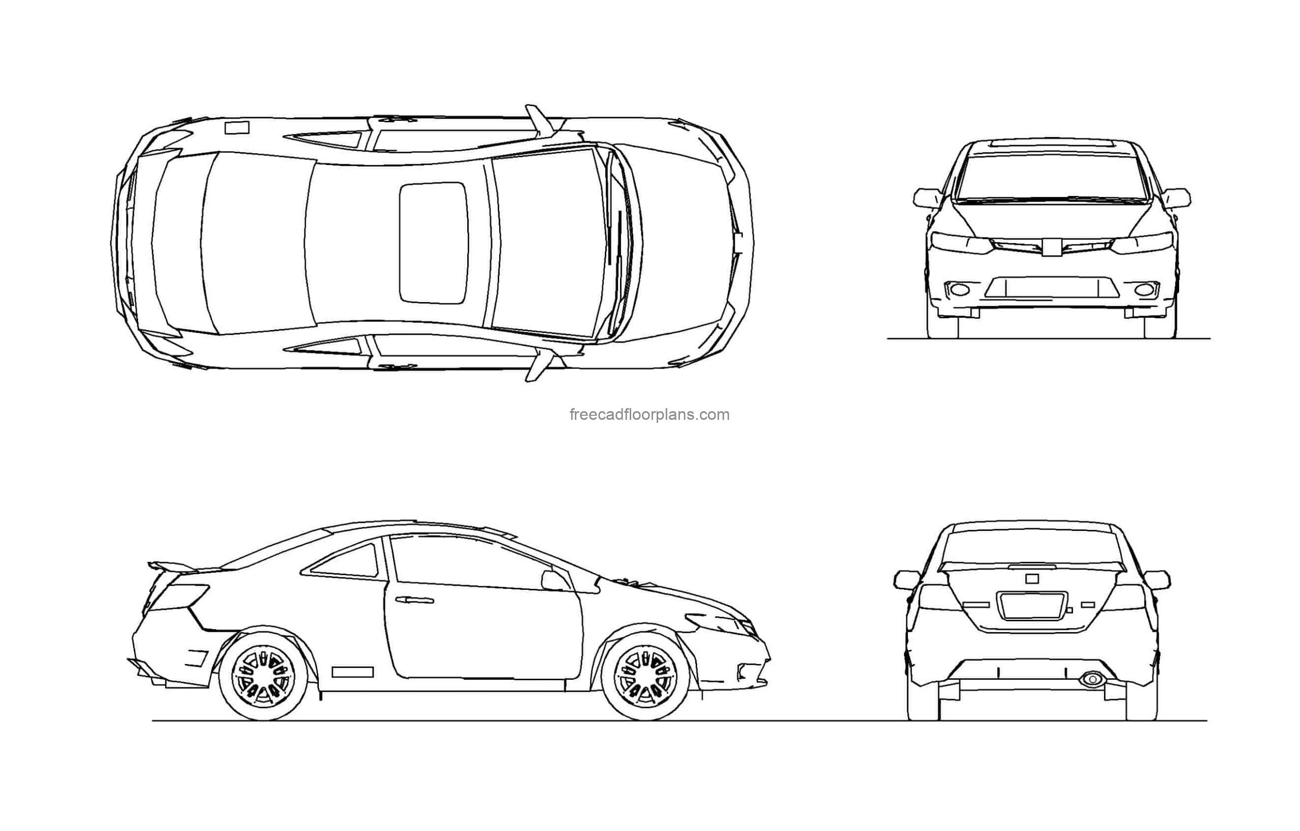 autocad draing of a honda civic car, 2d plan and elevations views, dwg file for free download