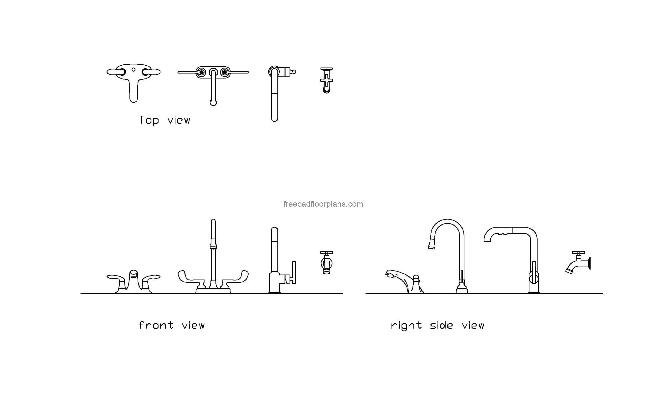 autocad drawing of different laundry faucets, top, front and side views, dwg file for free download