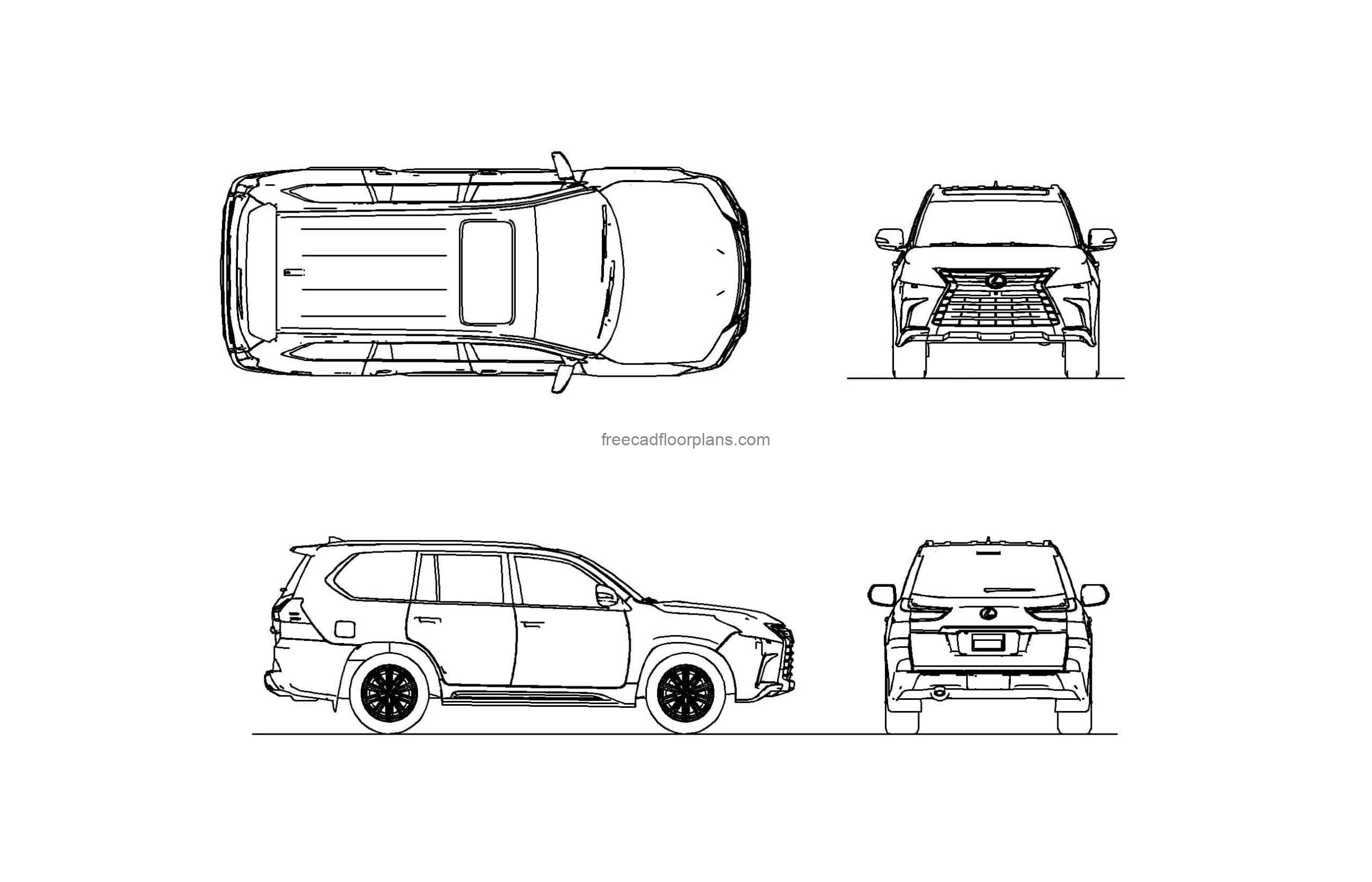 lexus lx autocad drawing, 2d plan and elevations views, dwg file for free download
